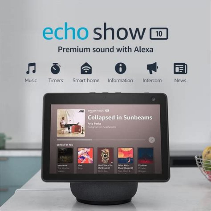 Amazon Echo Show 10 on a marble countertop