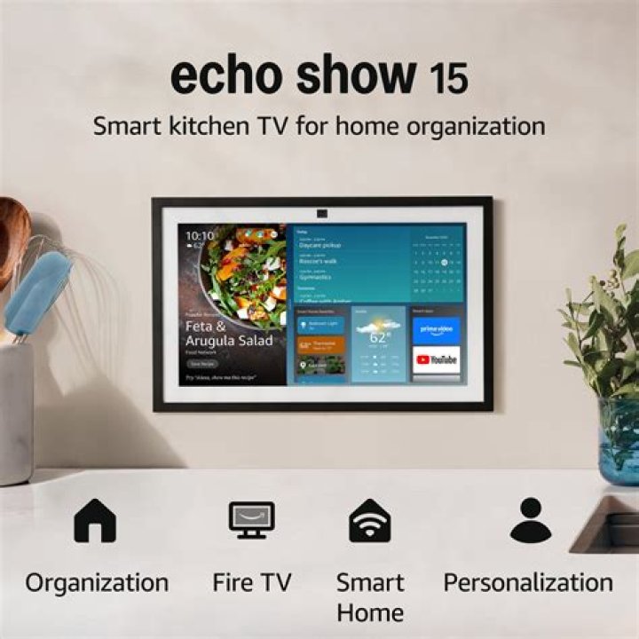 Amazon Echo Show 15 in portrait orientation mounted to a kitchen wall