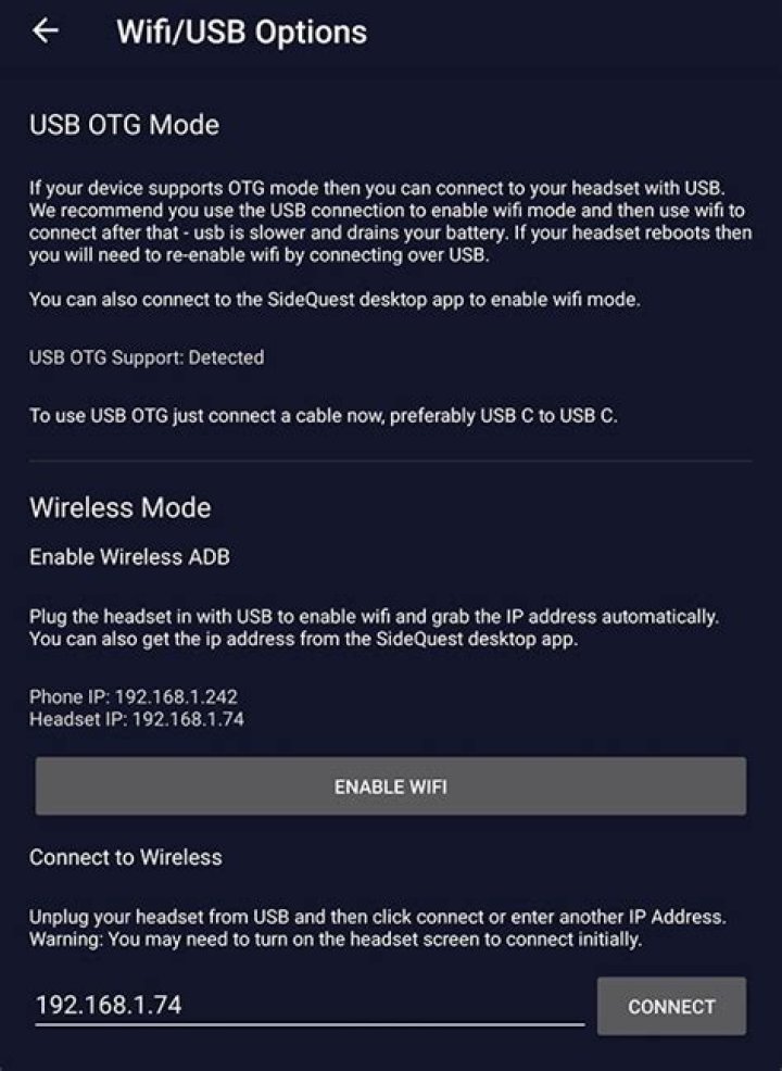 Sidequest App Connection Wifi Options